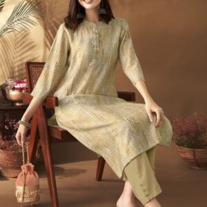 Beige Tribal Printed Mandarin Collar Chanderi Silk Straight Kurta