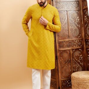 Mustard Ethnic Motifs Embroidered Flared Sleeves Thread Work A-Line Kurta