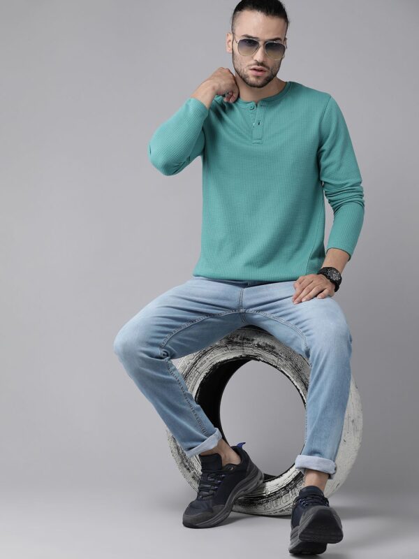 Men Sea Green Waffle Texture Henley Neck T-shirt - Image 5