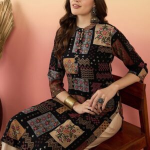 Ethnic Motifs Printed Beads And Stones Mandarin Collar A-Line Kurta