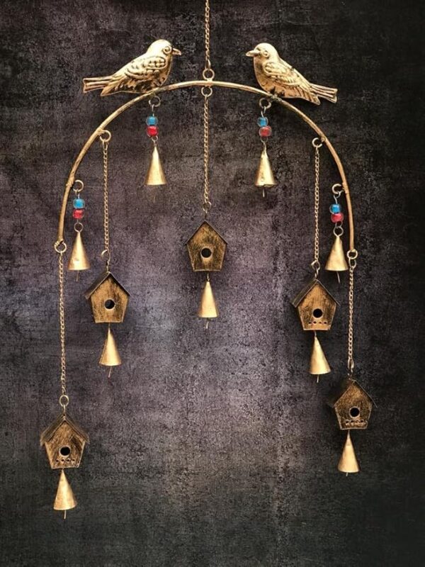 DULI Metal Windchime Wall Hanging, Feng Shui, Wall Art, Wall Decor, Positivevibes, Rustic Wall Hangings, Wall Art, Diwali Decor, Home Decor, Positive Vibes (Metalwallhanging: Birdhouse), Golden - Image 2