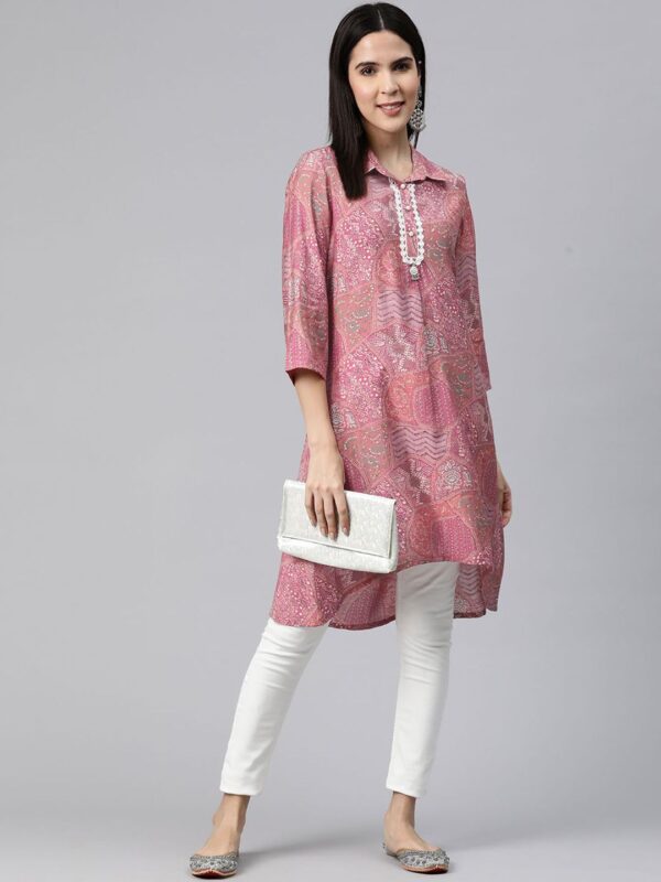 Ethnic Motifs Printed Shirt Collar Lace Insert A-Line Kurta - Image 3
