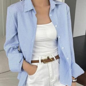 Women Standard Relaxed Fit Spread Collar Vertical Striped Cotton Casual Shirt