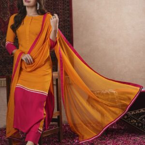 Round Neck Straight Kurta With Trouser & Dupatta