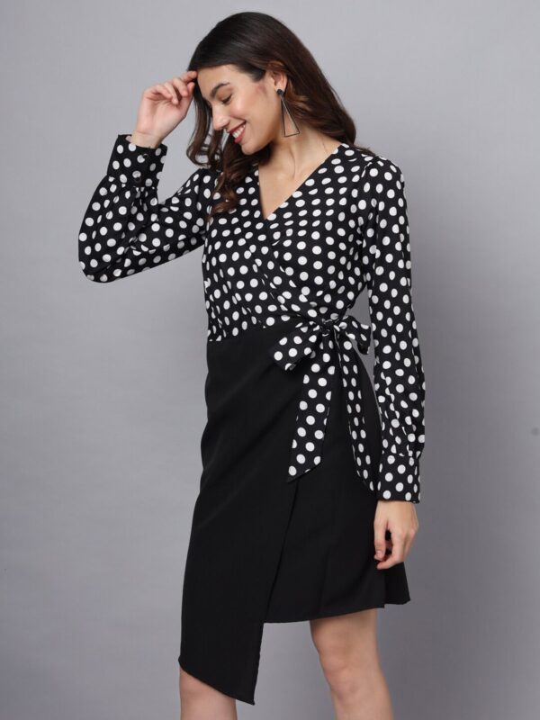 Women Polka Dot Printed Wrap Short Dress - Image 8