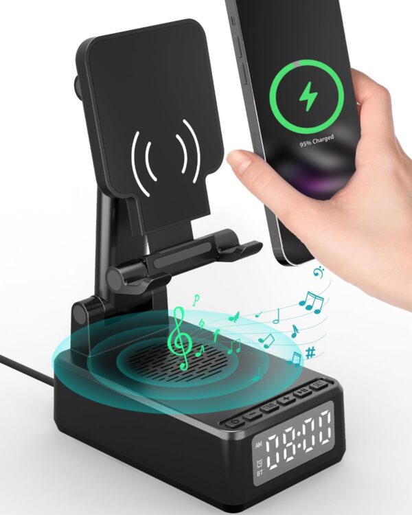 Bluetooth Speaker with Wireless Charger & Phone Stand, Foldable Angle Height Cell Phone Charger Stand with Digital Alarm Clock