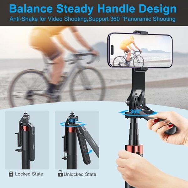 HOLD UP Selfie Stick with Balance Handle & Recharable BT Remote, Stable 4 Leg Design, Selfie Stick with Tripod Stand for 360° - Image 6
