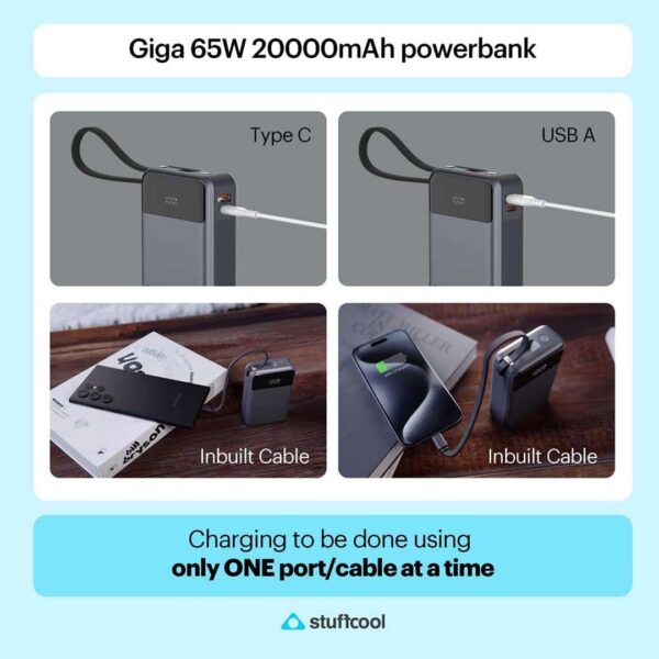 Stuffcool GIGA Smallest 65W 20000mAh Laptop Powerbank with Built in 100W 5A Type C Cable,Charges MacBook air 0-100%,MacBook pro laptops 0-90%,Supports superfast Charging 2.0,fastcharges iPhone,Pixels - Image 3