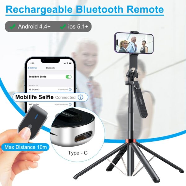 HOLD UP Selfie Stick with Balance Handle & Recharable BT Remote, Stable 4 Leg Design, Selfie Stick with Tripod Stand for 360° - Image 5