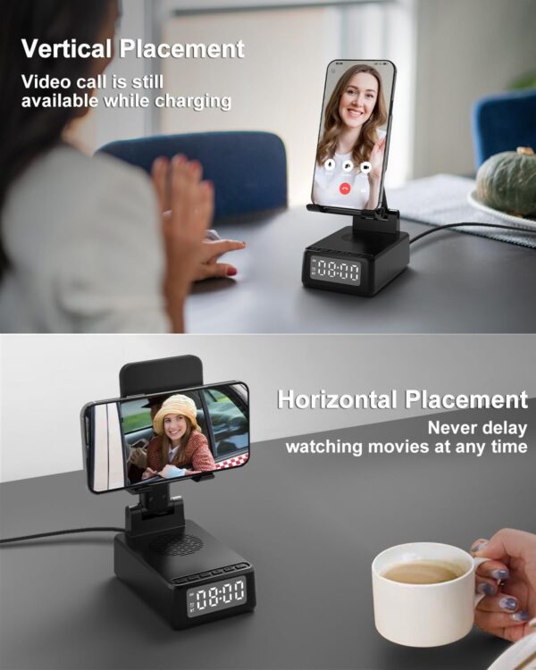 Bluetooth Speaker with Wireless Charger & Phone Stand, Foldable Angle Height Cell Phone Charger Stand with Digital Alarm Clock - Image 6