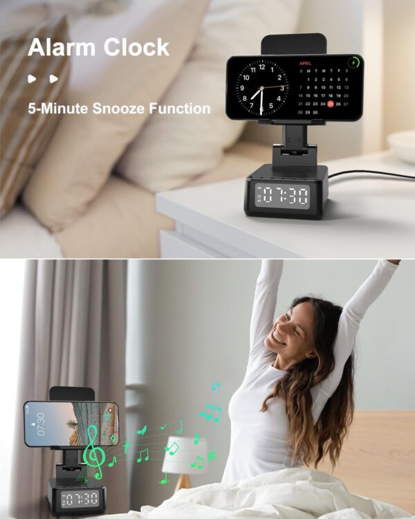 Bluetooth Speaker with Wireless Charger & Phone Stand, Foldable Angle Height Cell Phone Charger Stand with Digital Alarm Clock - Image 5
