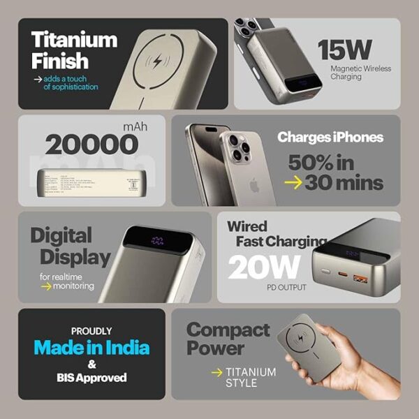 Stuffcool Click 20000mAh Magnetic Wireless Powerbank Natural Titanium Finish Perfect for iPhone 16,15,14,13,12 with Led Display and 20W Fast Wired Charging - Charges iPhone 50% in 30 mins - Image 9