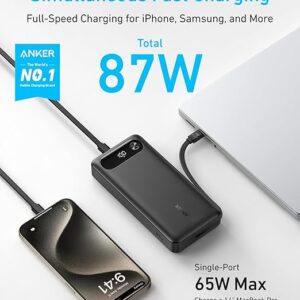 Anker Power Bank, 20,000mAh with Built-in USB-C Cable, 87W Max Fast Charging (PowerCore 20K for Laptop) Lenovo, HP, Dell, Microsoft, MacBook, iPad, iPhone, Apple Watches, Samsung and More - Black