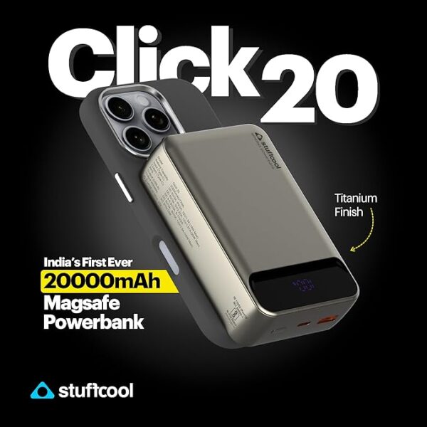 Stuffcool Click 20000mAh Magnetic Wireless Powerbank Natural Titanium Finish Perfect for iPhone 16,15,14,13,12 with Led Display and 20W Fast Wired Charging - Charges iPhone 50% in 30 mins - Image 7
