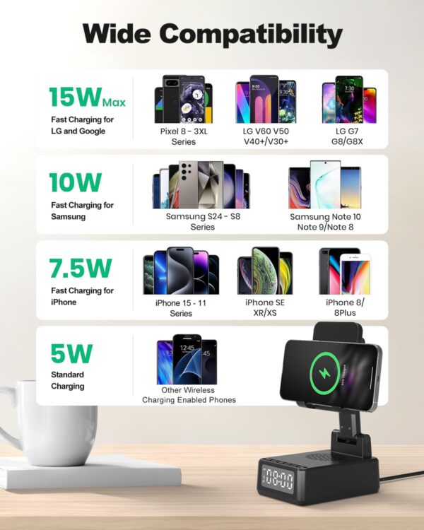 Bluetooth Speaker with Wireless Charger & Phone Stand, Foldable Angle Height Cell Phone Charger Stand with Digital Alarm Clock - Image 3