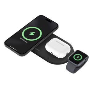 Belkin Magsafe 3-in-1 Wireless Charging Pad Qi2 15W + Additional USB-C Port - MagSafe-Compatible, Charging Station for iPhone 16, 15, & 14 Series, AirPods, Apple Watch and More - Black