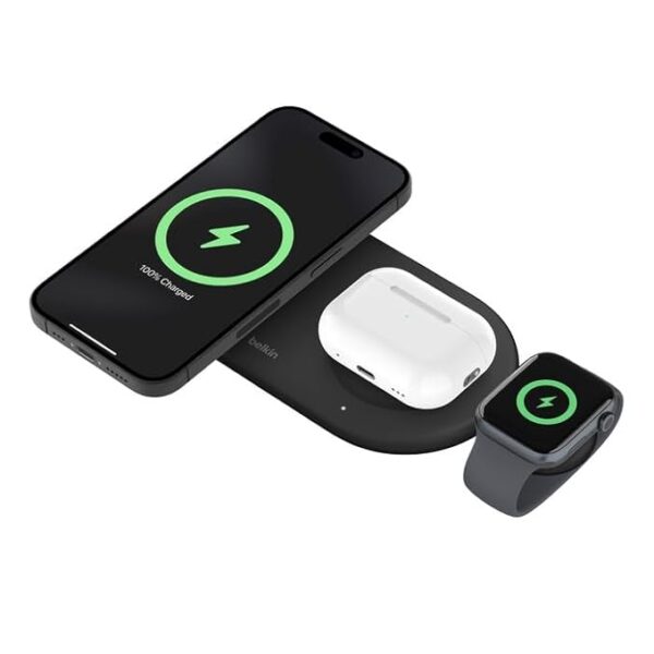 Belkin Magsafe 3-in-1 Wireless Charging Pad Qi2 15W + Additional USB-C Port - MagSafe-Compatible, Charging Station for iPhone 16, 15, & 14 Series, AirPods, Apple Watch and More - Black
