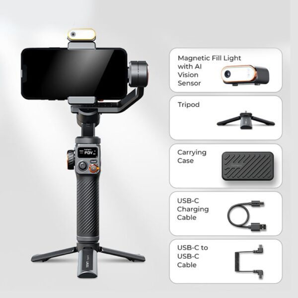 hohem Isteady M6 Kit Smartphone Gimbal Stabilizers 3-Axis with Magnetic Fill Light AI Tracking Sensor with OLED Display for iPhone Android Max Payload 400G | Black - Image 3