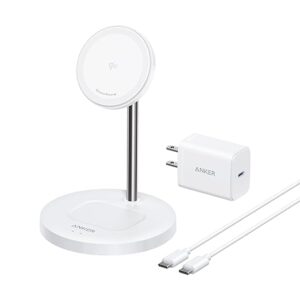 Anker Wireless Charging Stand, MagGo 2-in-1 Stand, Qi2 Certified 15W Wireless Charger, Magsafe Compatible with iPhone 16/15/14/Airpods (White)