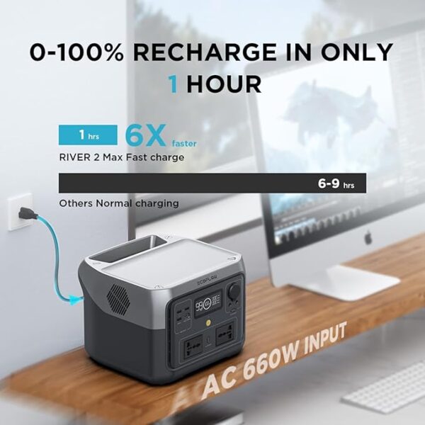EF ECOFLOW Portable Power Station RIVER 2 Max, 512Wh LiFePO4 Battery, 10 Year Life, 0% - 100% Charge in 60 mins, Power 11 Appliances at once, 230V - 50Hz India Voltage, For Outdoor Use & Home Backup - Image 5