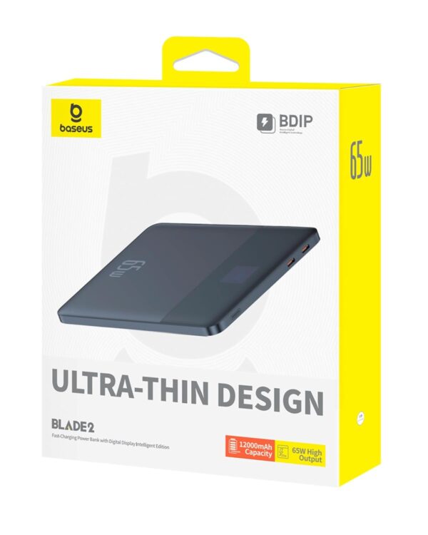 Baseus Blade2 12000mAh 65W Fast-Charging Power Bank – Ultra Slim with Digital Display, Dual Type-C PD Output – Mariana Blue (with 100W Type-C Cable) - Image 2