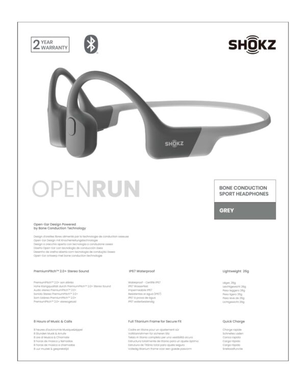 SHOKZ OpenRun Bone Conduction Sports Headphones, Bluetooth Wireless Earphones with Mic, 8H Playtime, Open-Ear Waterproof Headset for Running, Workout, Driving, Standard Size(Lunar Grey) - Image 4
