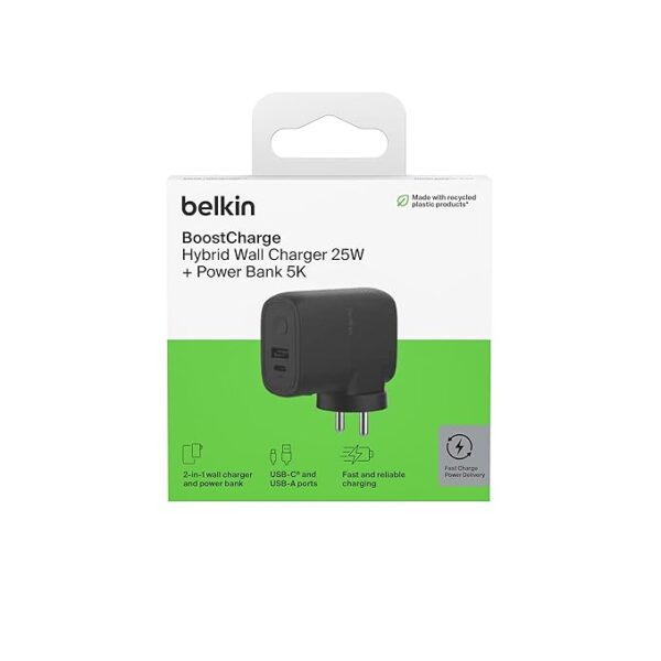 Belkin Hybrid 20W Power Bank 5000mAH + Wall Charger 25W | 2-in-1 Portable Battery Charger w/USB-C Port & USB-A Port | Travel-Friendly | Dual-Port Charging Device | 2 Year Warranty & Upto 2L CEW - Image 3