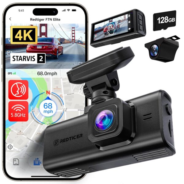 REDTIGER F7N Elite 4K HDR Dual Dash Cam Front & Rear, Sony STARVIS 2 Sensor, 5.8GHz WiFi APP, Built-in 128GB, 3.18" Touchscreen, Voice Control, GPS, 24H Parking Mode, WDR