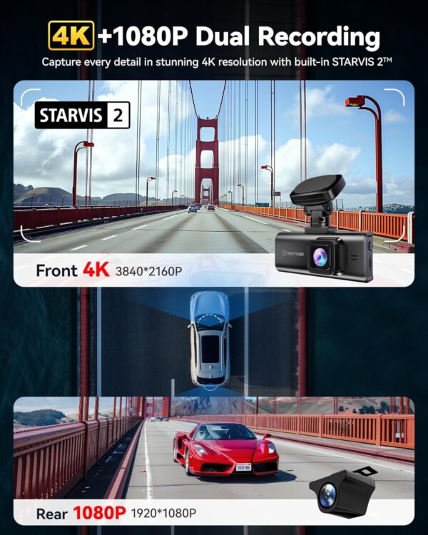 REDTIGER F7N Elite 4K HDR Dual Dash Cam Front & Rear, Sony STARVIS 2 Sensor, 5.8GHz WiFi APP, Built-in 128GB, 3.18" Touchscreen, Voice Control, GPS, 24H Parking Mode, WDR - Image 7